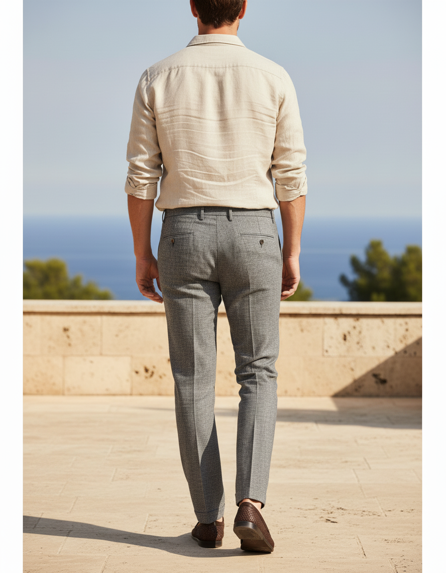 Pantalon En Lin Gris Droit Élégant Texturé Homme - vue 2