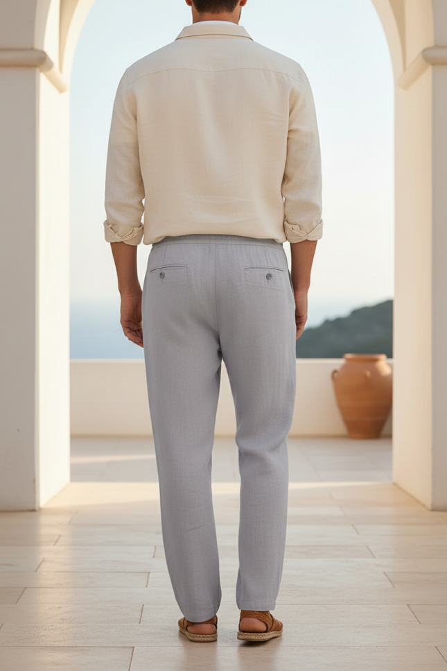Pantalon En Lin Gris Clair Ample Cordon Décontracté Homme - vue 2