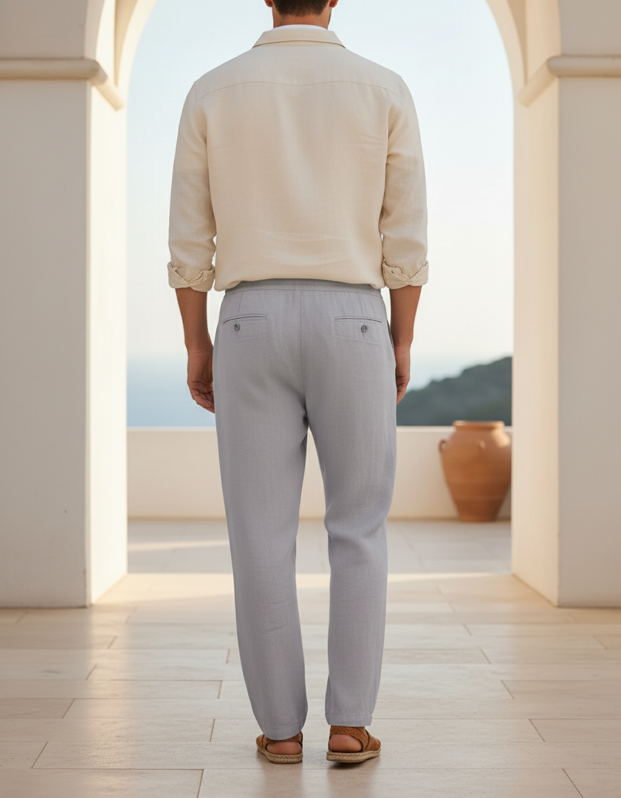 Pantalon En Lin Gris Clair Ample Cordon Décontracté Homme - vue 2