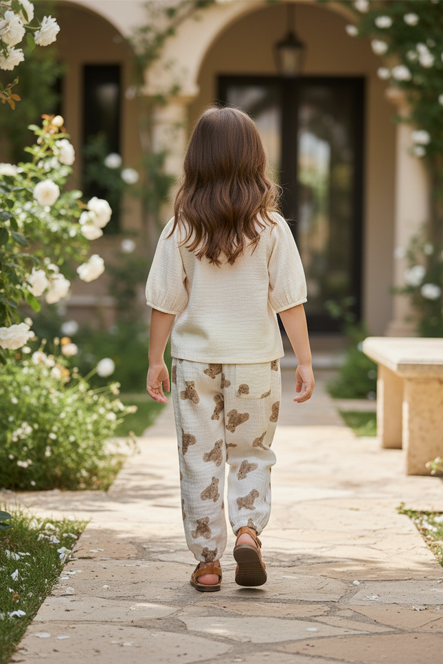 Pantalon En Lin Enfant Ample Motif Ours Mignon - Imprimé - vue 2