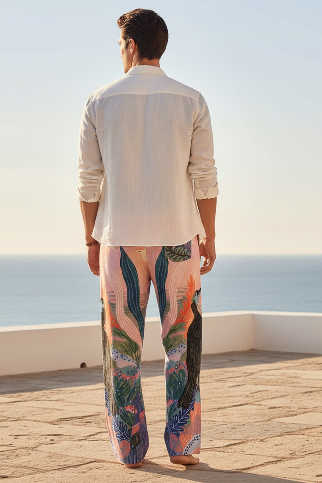 Pantalon En Lin Ample Imprimé Oiseaux Multicolore Estival - vue 2