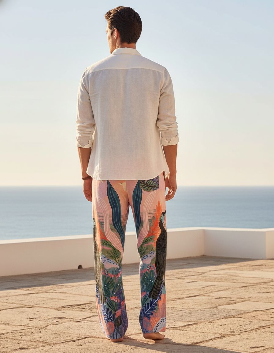 Pantalon En Lin Ample Imprimé Oiseaux Multicolore Estival - vue 2