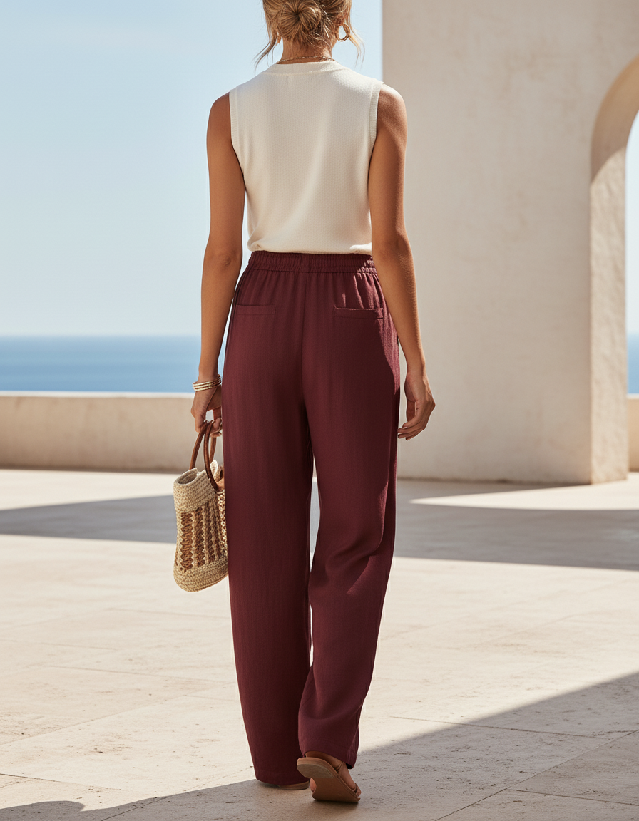 Pantalon En Lin Bordeaux Ample Cordon Décontracté Femme - vue 2
