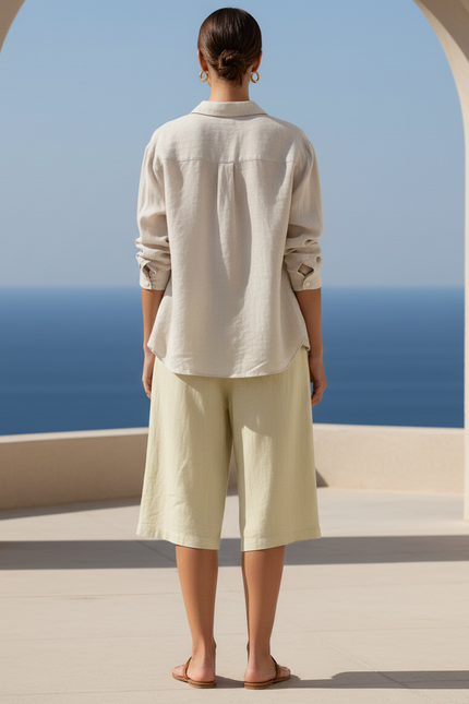 Pantalon En Lin Vert Ample Court Décontracté Femme - vue 2
