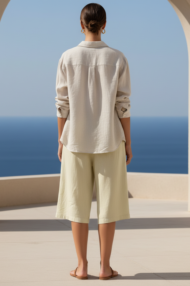 Pantalon En Lin Vert Ample Court Décontracté Femme - vue 2