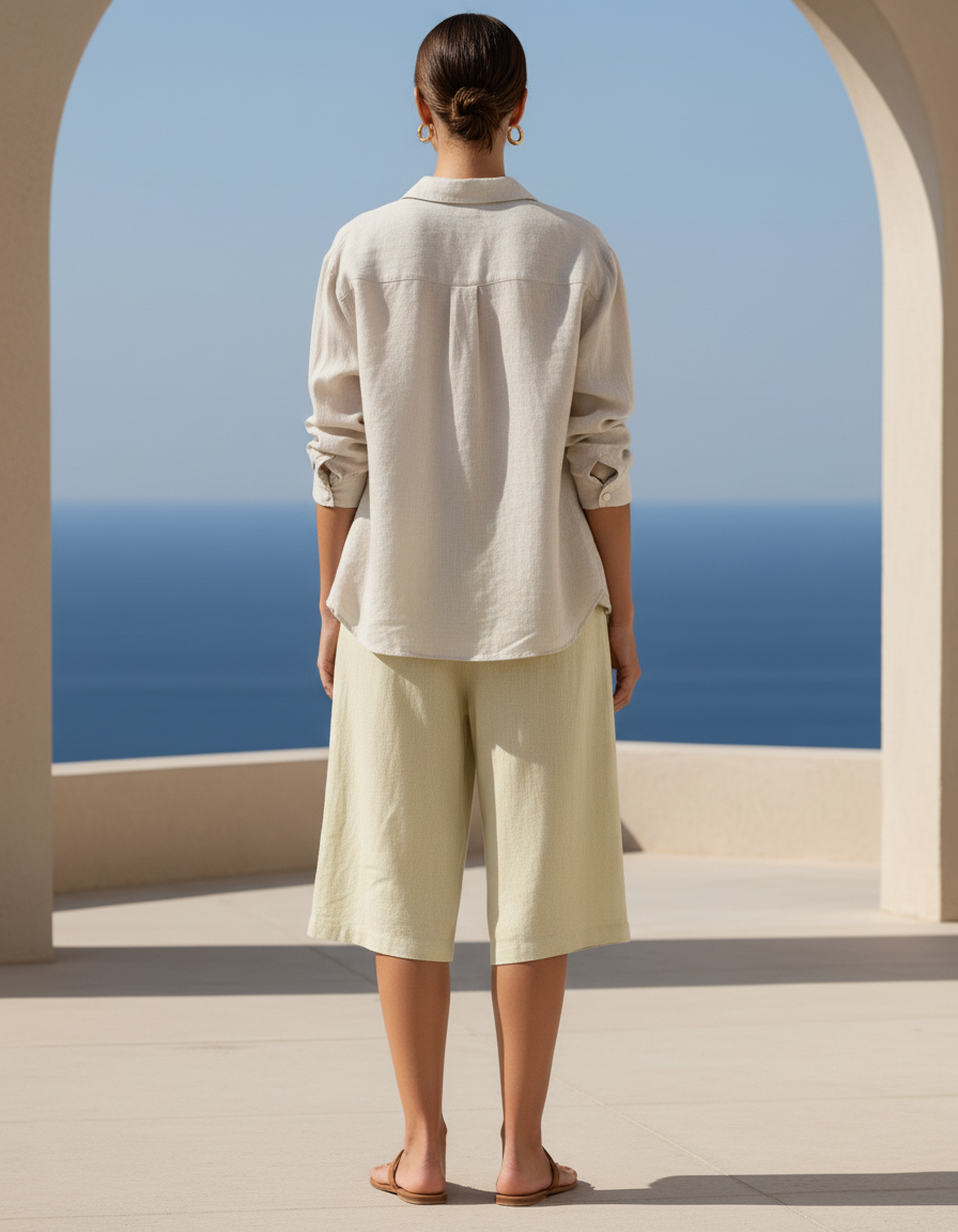 Pantalon En Lin Vert Ample Court Décontracté Femme - vue 2