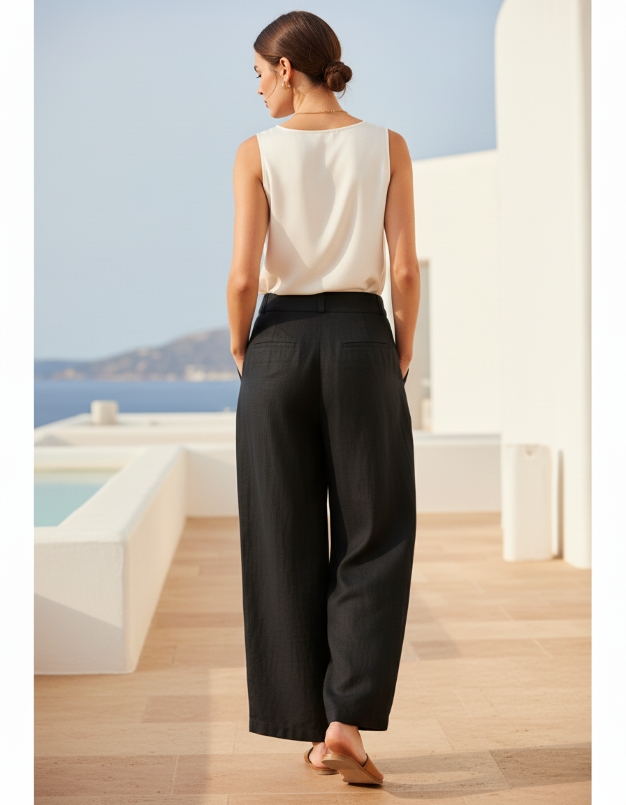 Pantalon En Lin Noir Ample Plissé Décontracté - vue 2