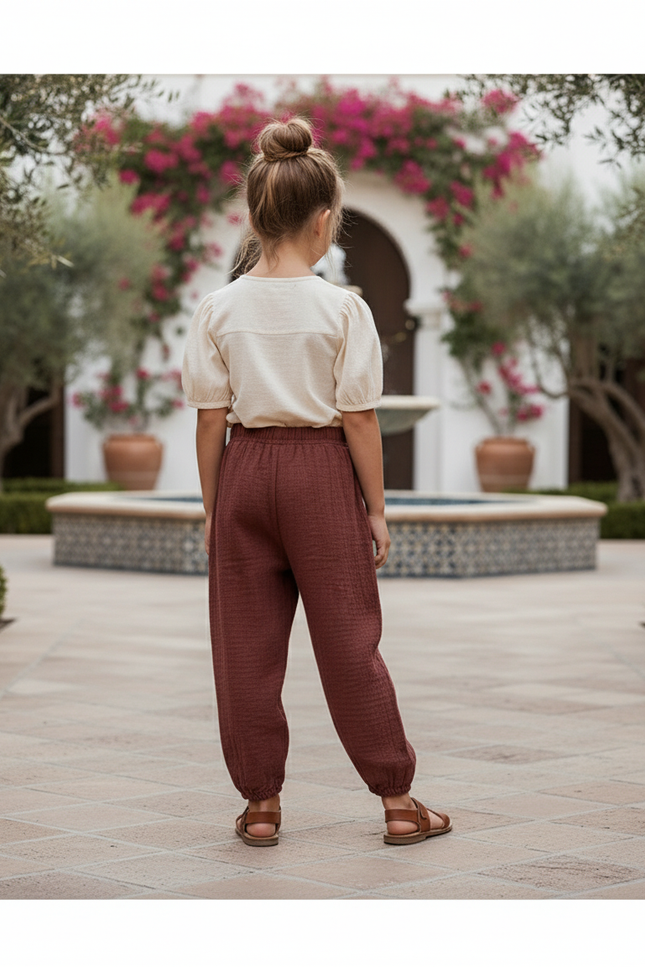 Pantalon En Lin Marron Ample Plissé Enfant - Bordeaux - vue 2