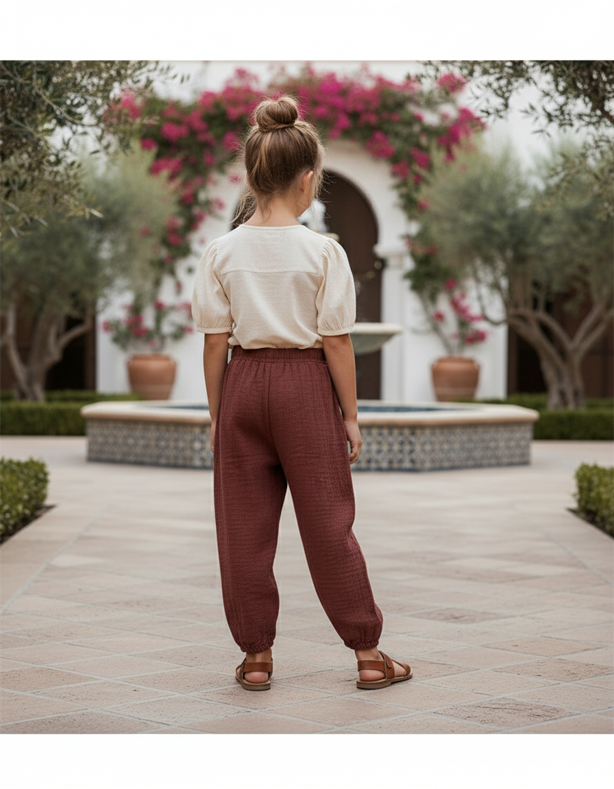 Pantalon En Lin Marron Ample Plissé Enfant - Bordeaux - vue 2