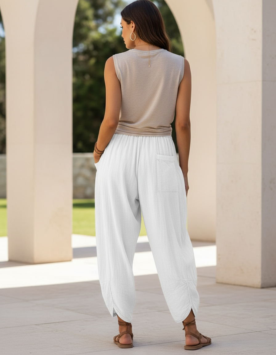 Pantalon En Lin Blanc Ample Décontracté Confortable Femme - vue 2