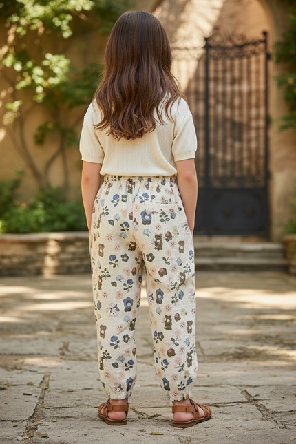 Pantalon En Lin Écru Imprimé Oursons Fleuri Ample - vue 2