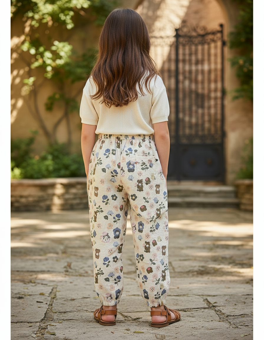 Pantalon En Lin Écru Imprimé Oursons Fleuri Ample - vue 2