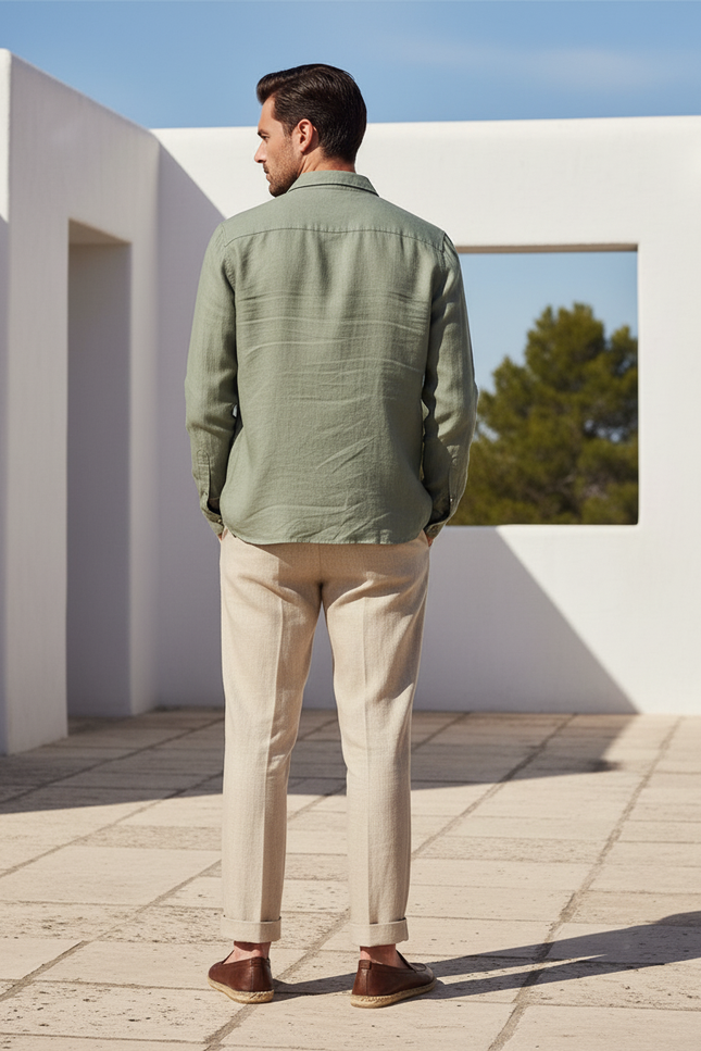Pantalon En Lin Beige Plissé Droit Homme Élégant - vue 2