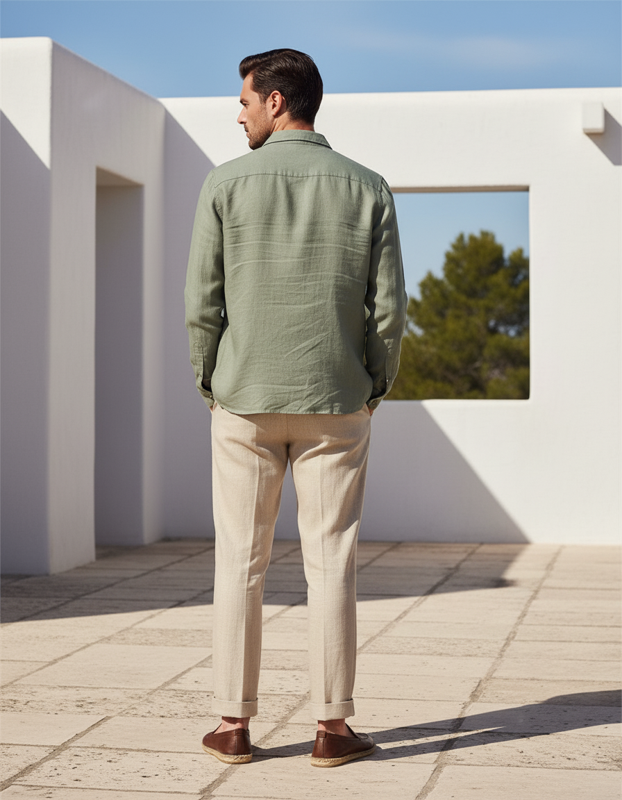 Pantalon En Lin Beige Plissé Droit Homme Élégant - vue 2