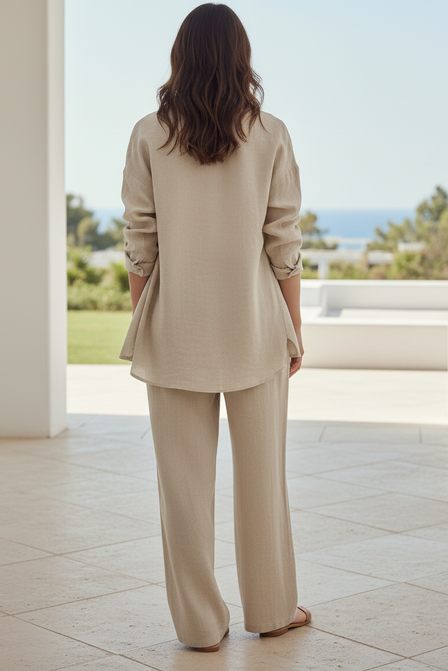 Pantalon En Lin Beige Ample Fluide Cordon Femme - vue 2