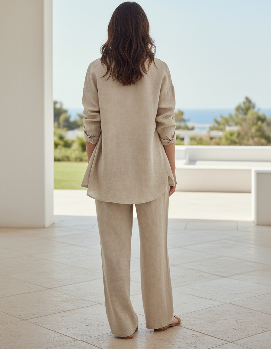 Pantalon En Lin Beige Ample Fluide Cordon Femme - vue 2