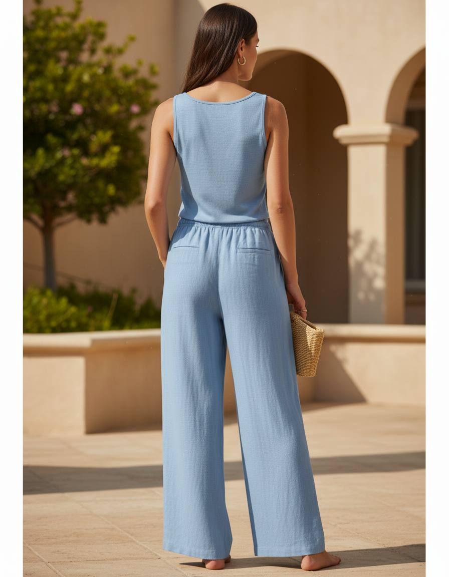 Pantalon En Lin Bleu Ample Fluide Cordon Femme - vue 2