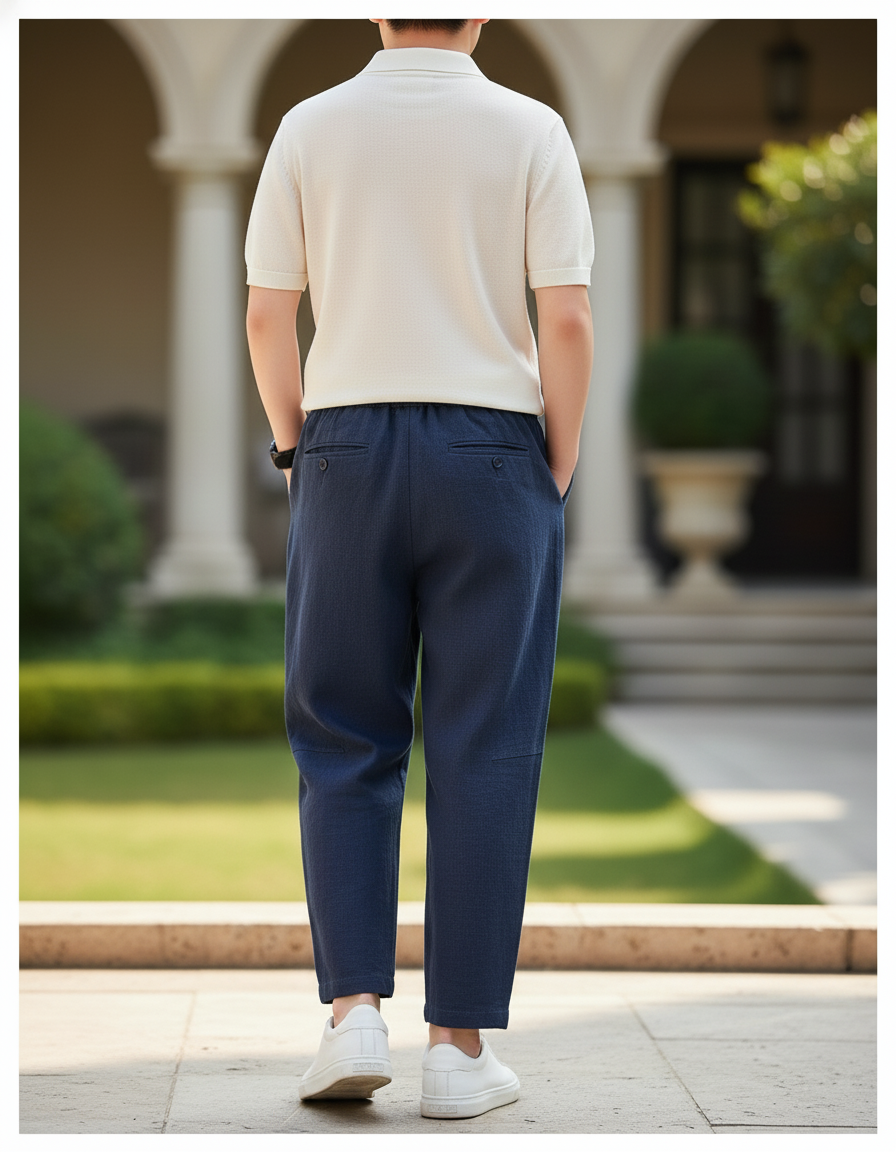 Pantalon En Lin Homme Bleu Marine Coupe Ample - vue 2