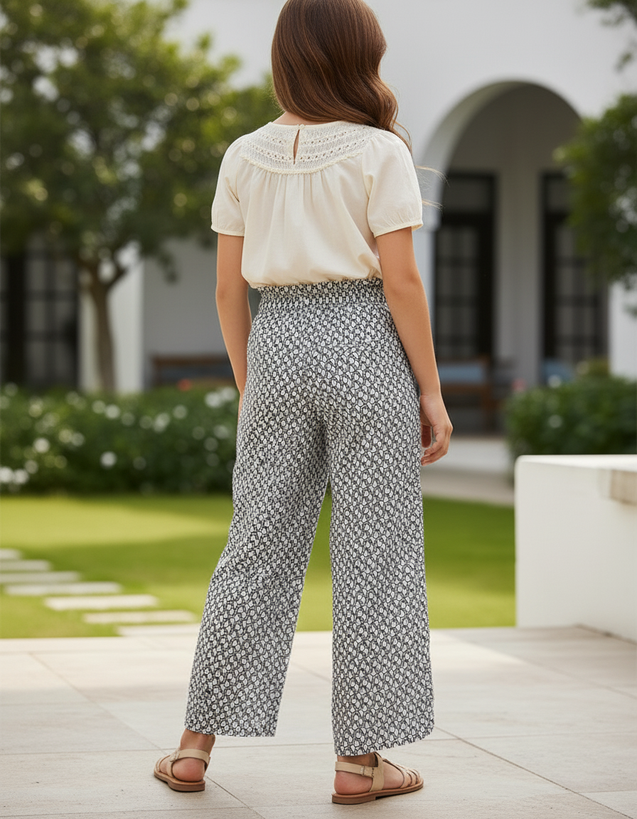 Pantalon En Lin Imprimé Ample Jambe Large Fille - vue 2