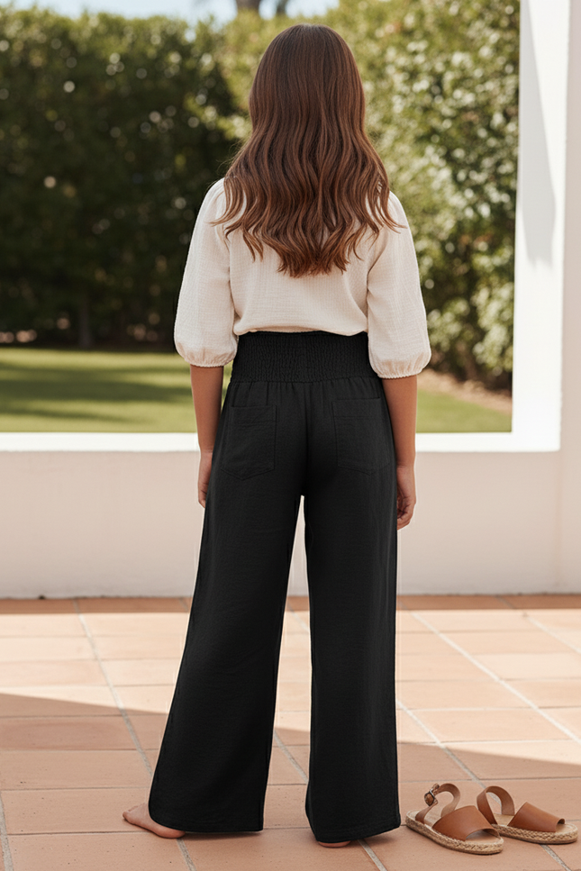 Pantalon En Lin Noir Ample Taille Haute Décontracté Femme - vue 2