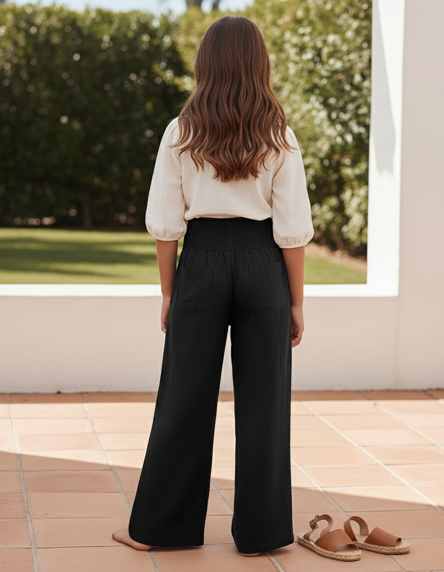 Pantalon En Lin Noir Ample Taille Haute Décontracté Femme - vue 2