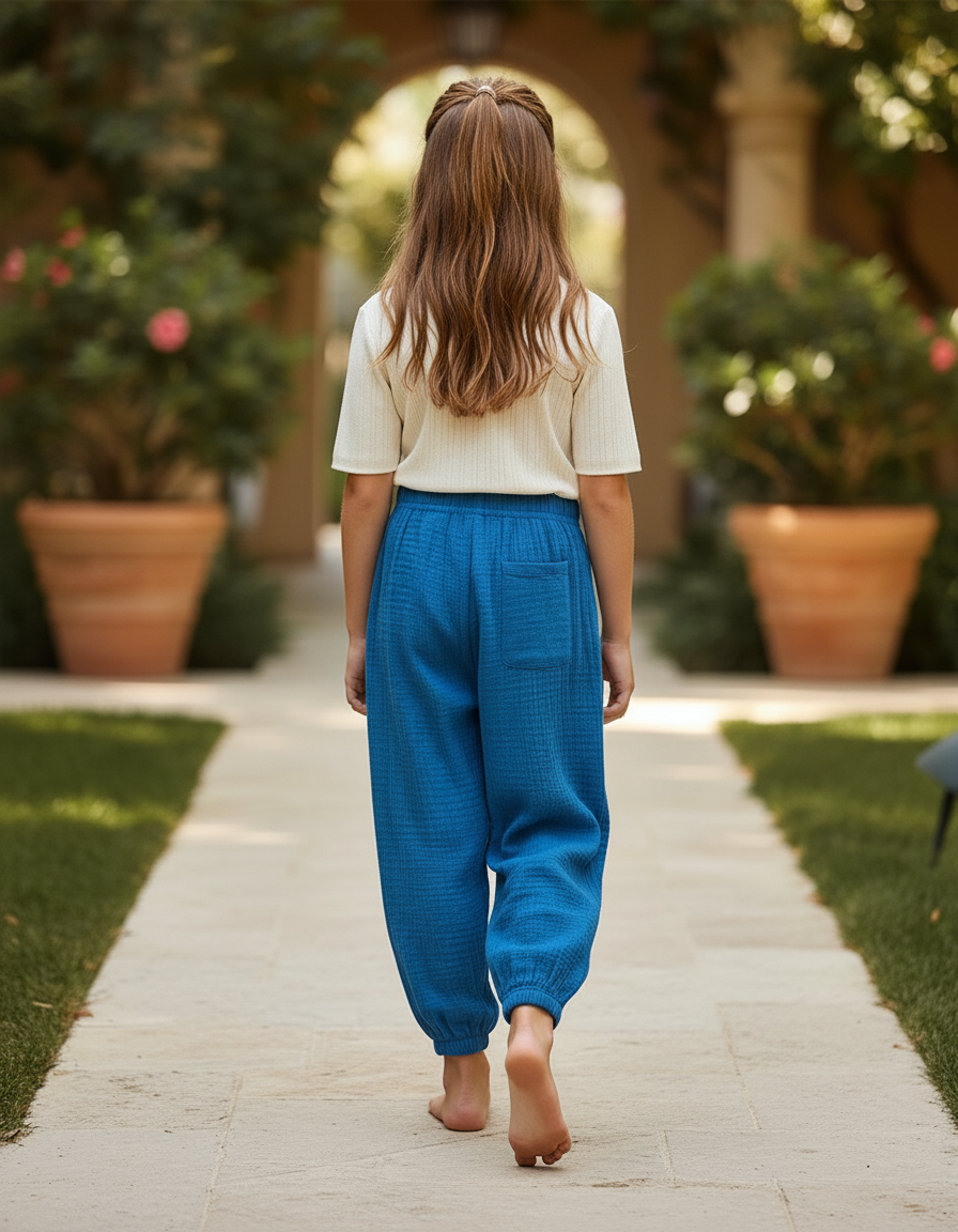 Pantalon En Lin Bleu Ample Gaze Respirant Enfant - vue 2