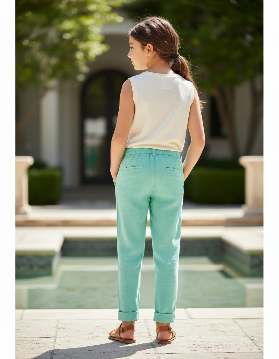 Pantalon En Lin Vert Menthe Ample Décontracté Enfant - vue 2