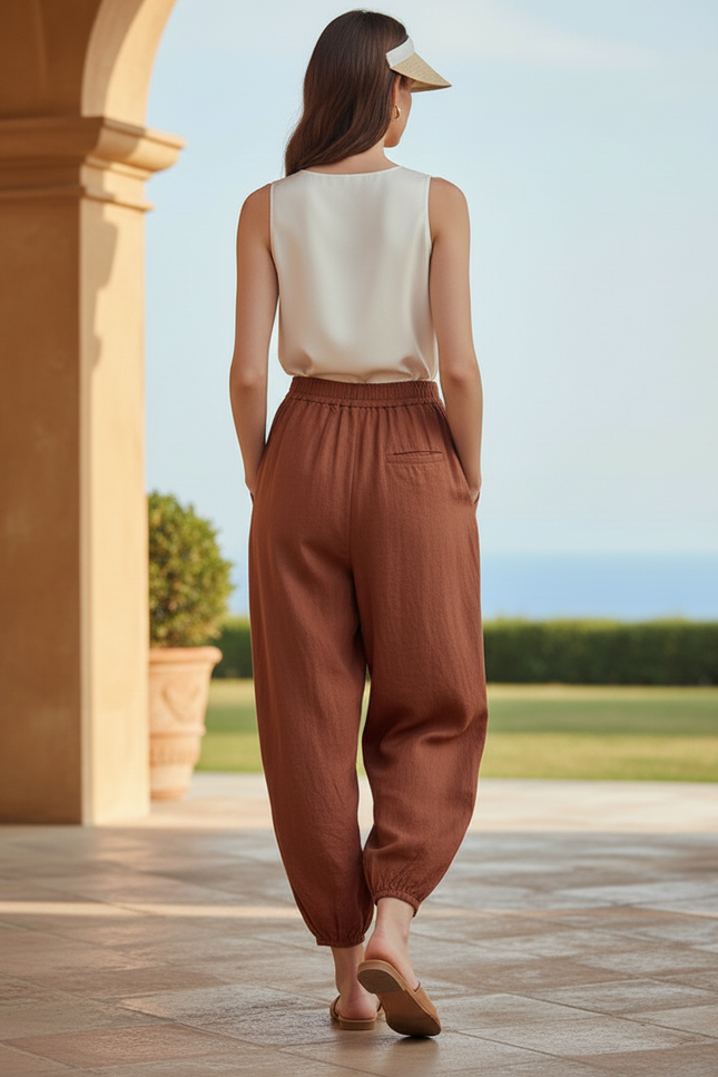 Pantalon En Lin Ample Marron Fluide Décontracté - vue 2