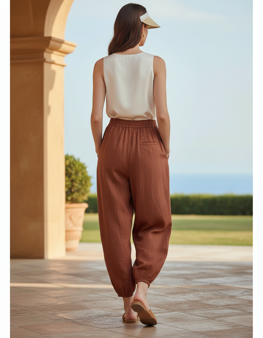 Pantalon En Lin Ample Marron Fluide Décontracté - vue 2