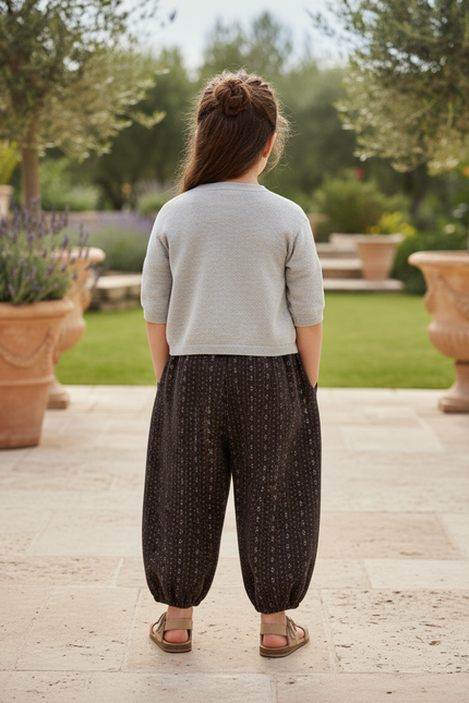 Pantalon En Lin Noir Ample Imprimé Floral Enfant - vue 2
