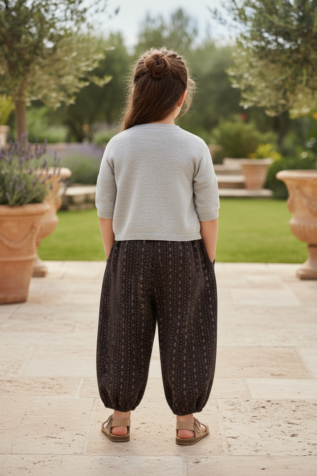 Pantalon En Lin Noir Ample Imprimé Floral Enfant - vue 2