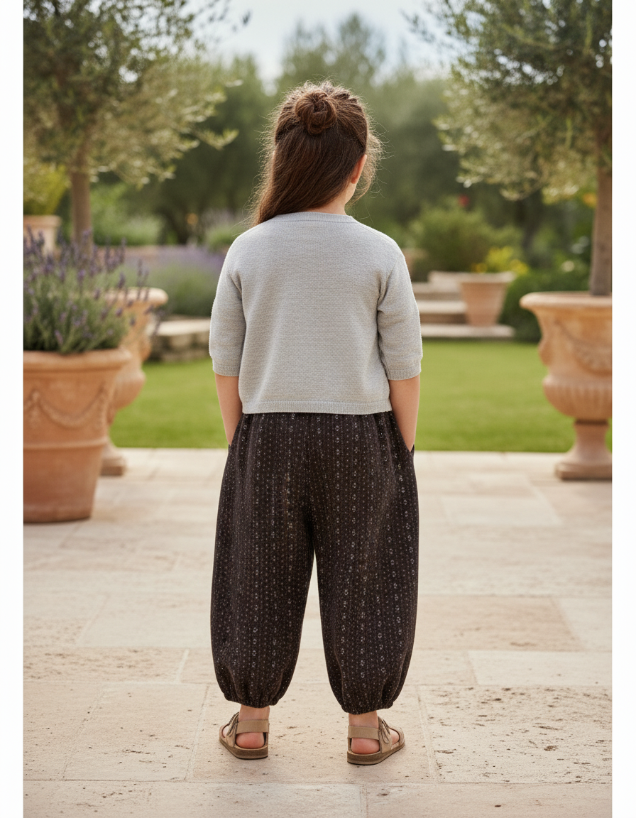 Pantalon En Lin Noir Ample Imprimé Floral Enfant - vue 2