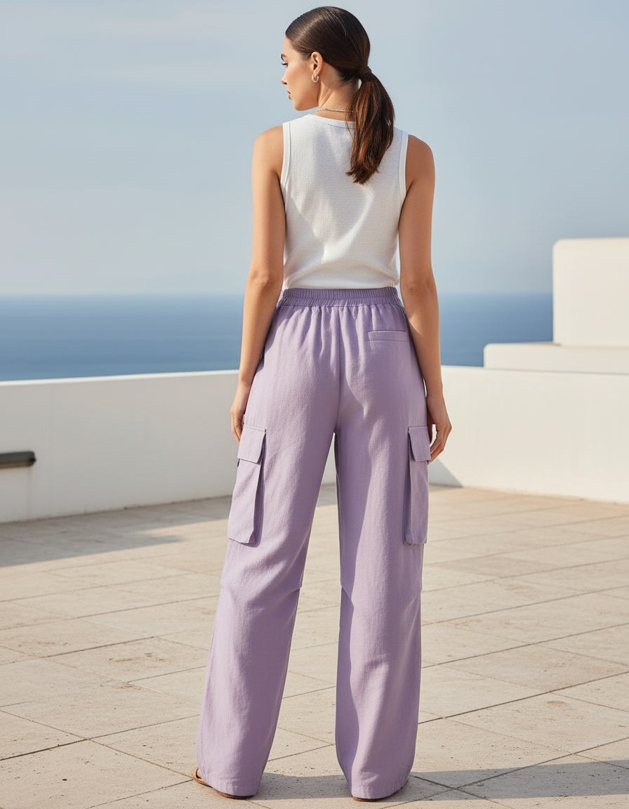 Pantalon Lin Cargo Femme - Violet - vue 2
