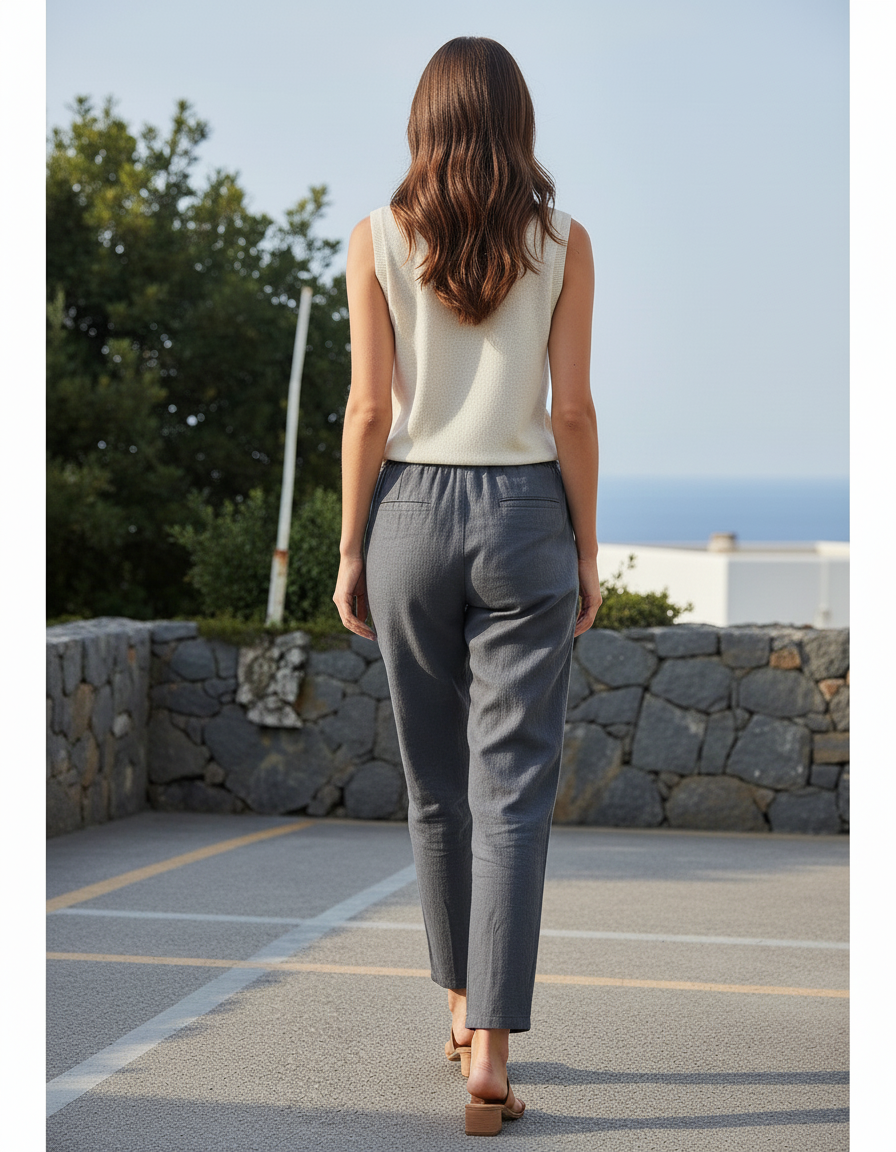 Pantalon En Lin Gris Cordon Décontracté Femme - vue 2