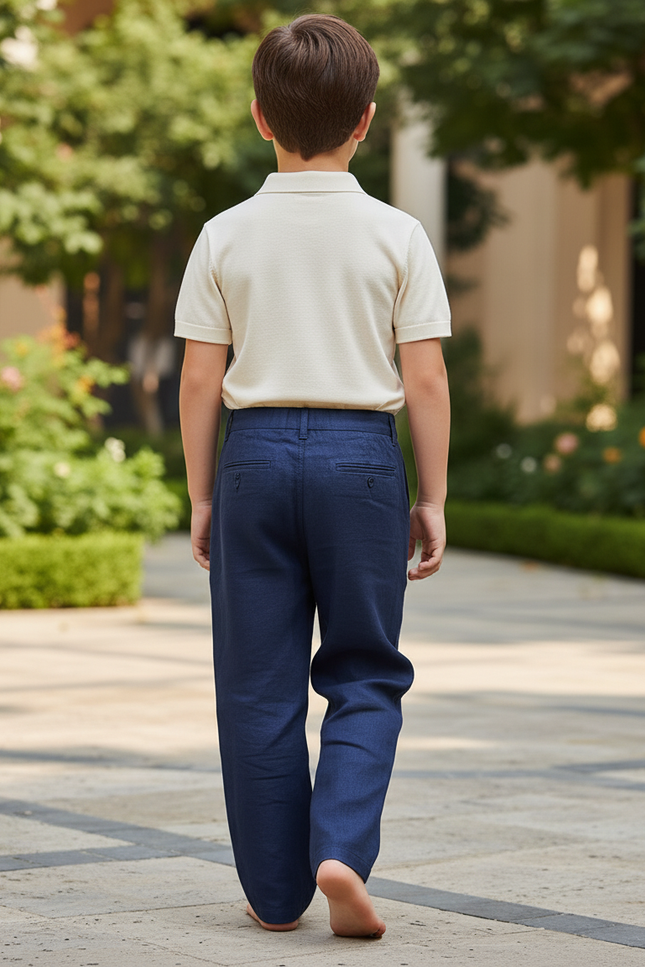 Pantalon En Lin Bleu Marine Ample Décontracté Garçon - vue 2
