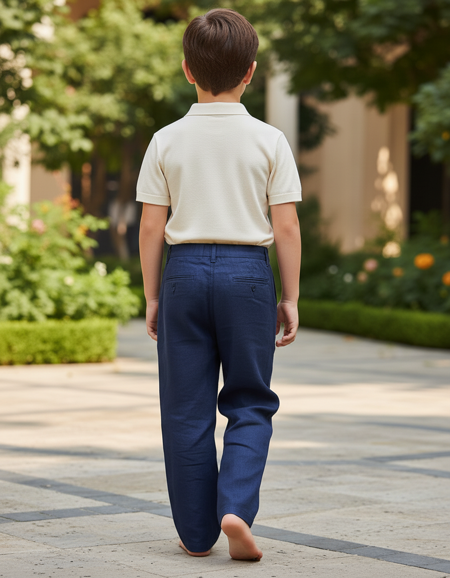 Pantalon En Lin Bleu Marine Ample Décontracté Garçon - vue 2