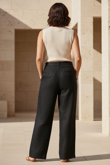 Pantalon En Lin Noir Ample Plissé Fluide Élégant - vue 2