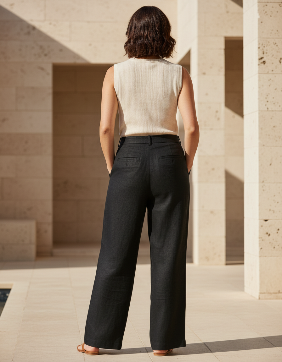 Pantalon En Lin Noir Ample Plissé Fluide Élégant - vue 2