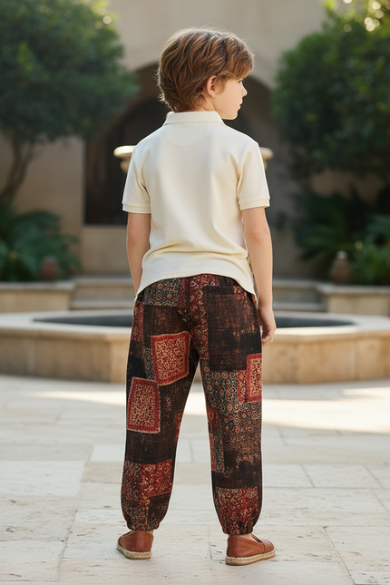 Pantalon En Lin Imprimé Patchwork Ample Garçon Décontracté - vue 2