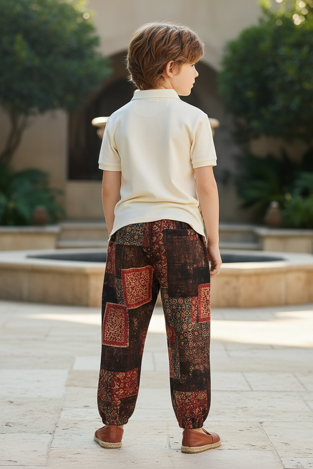 Pantalon En Lin Imprimé Patchwork Ample Garçon Décontracté - vue 2