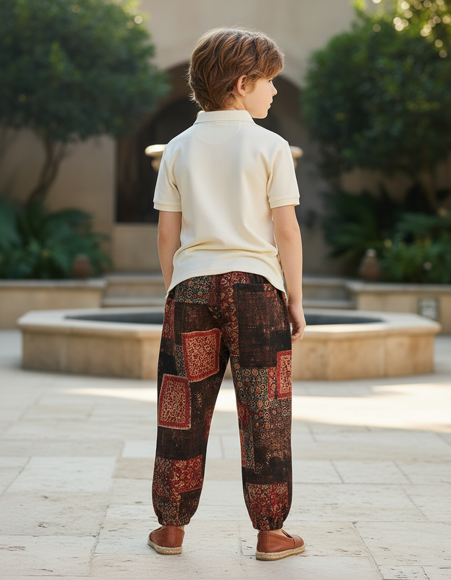 Pantalon En Lin Imprimé Patchwork Ample Garçon Décontracté - vue 2