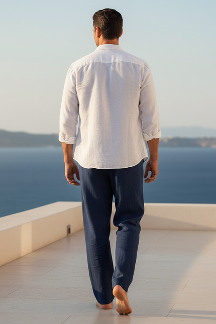 Pantalon En Lin Bleu Marine Ample Décontracté Homme - vue 2