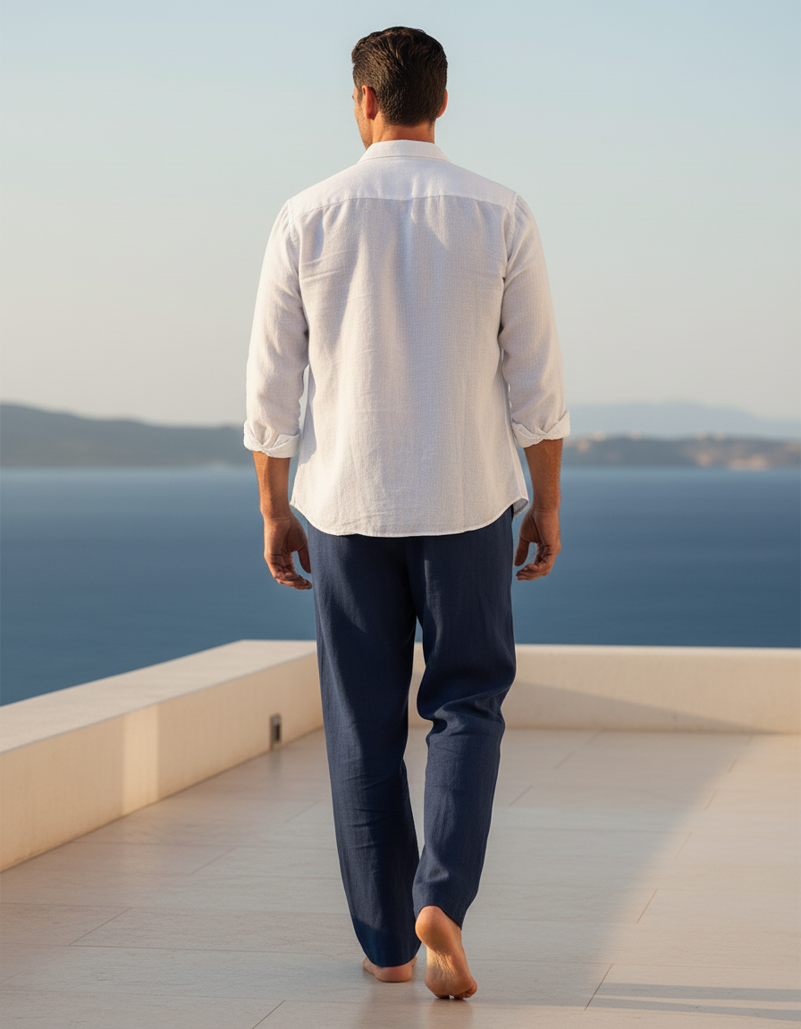 Pantalon En Lin Bleu Marine Ample Décontracté Homme - vue 2