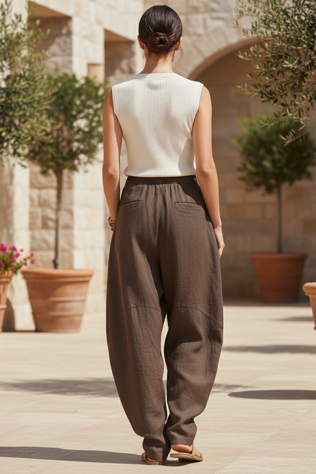 Pantalon En Lin Marron Ample Coupe Harem Décontracté Fluide - vue 2
