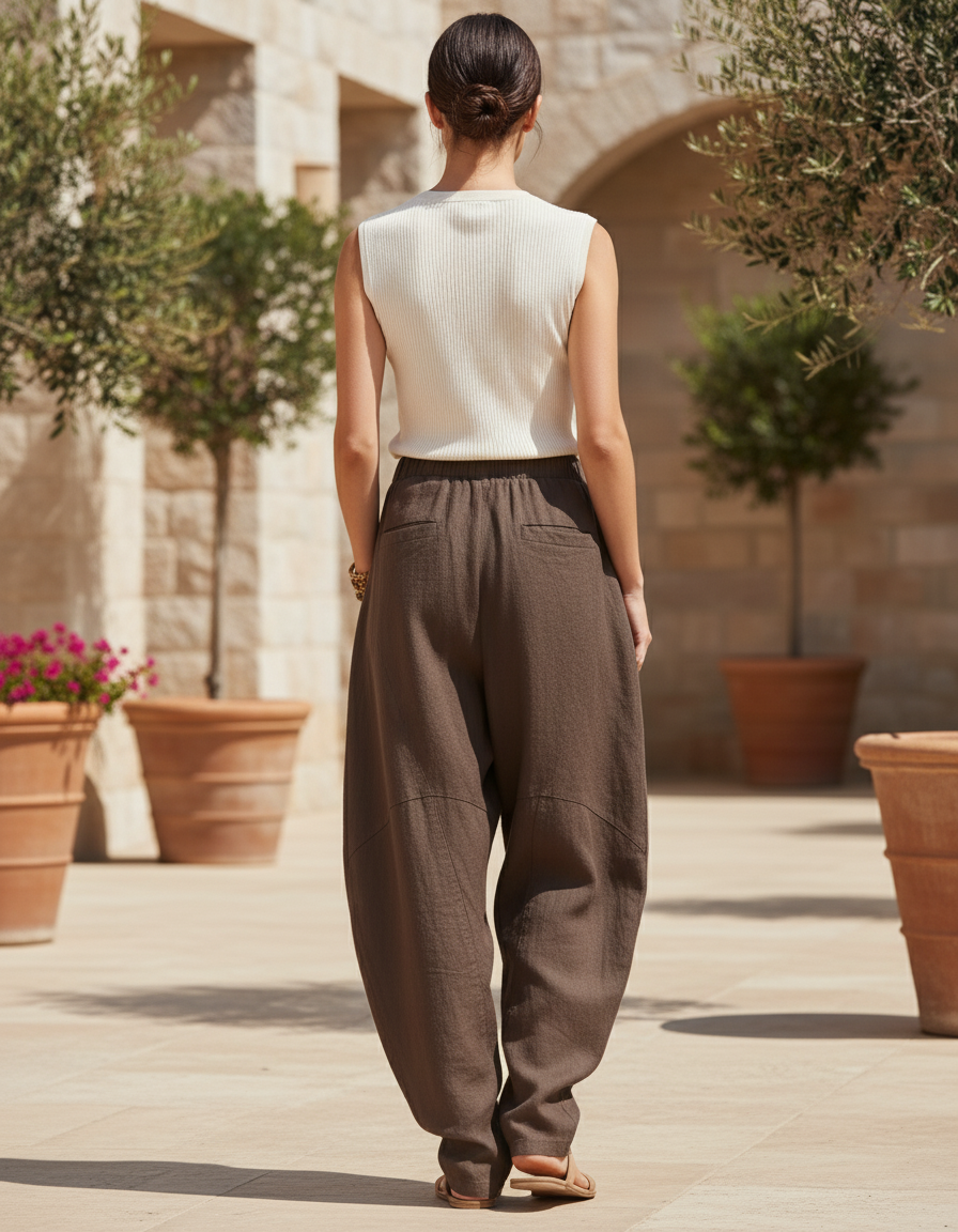Pantalon En Lin Marron Ample Coupe Harem Décontracté Fluide - vue 2