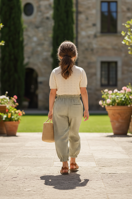 Pantalon En Lin Carreaux Verts Ample Enfant Fluide - vue 2