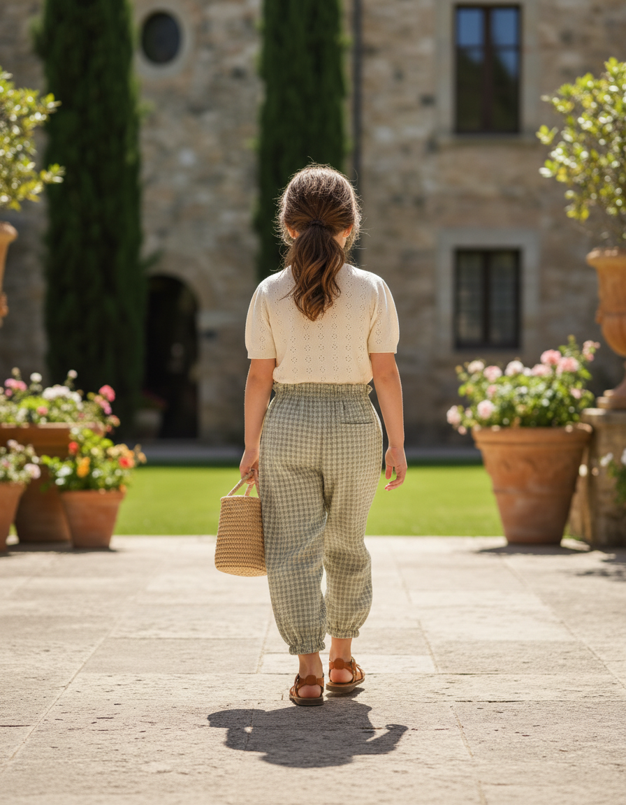 Pantalon En Lin Carreaux Verts Ample Enfant Fluide - vue 2