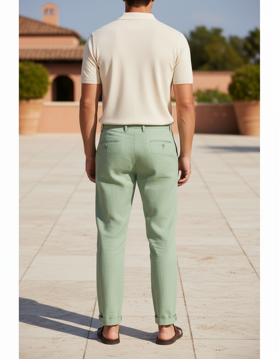 Pantalon En Lin Vert Menthe Droit Homme Décontracté - vue 2