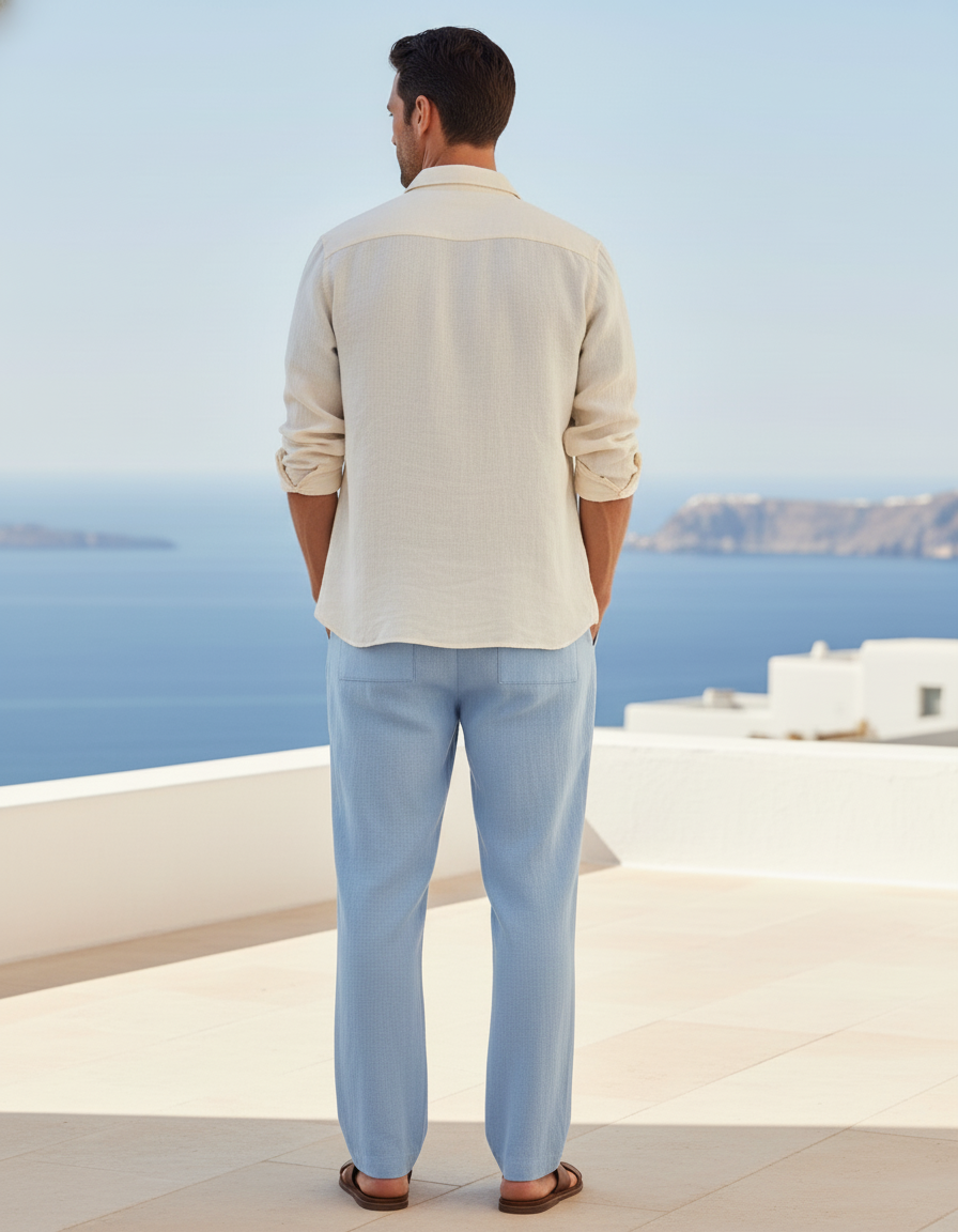 Pantalon En Lin Bleu Ciel Décontracté Ample Cordon Léger - vue 2