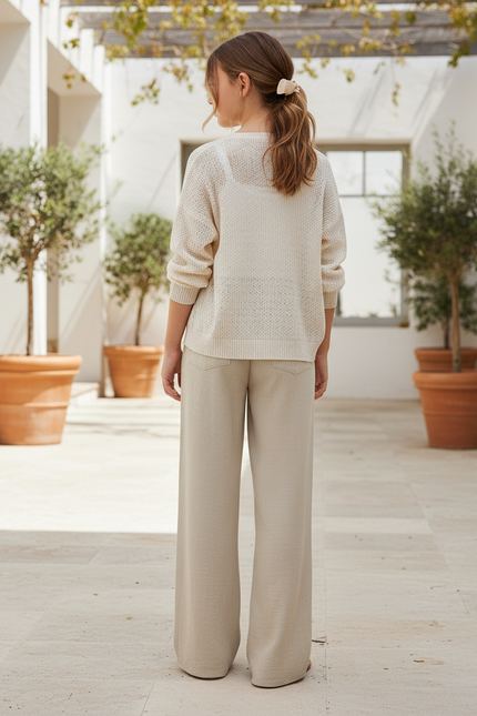 Pantalon En Lin Beige Ample Décontracté Fille Fluide - vue 2